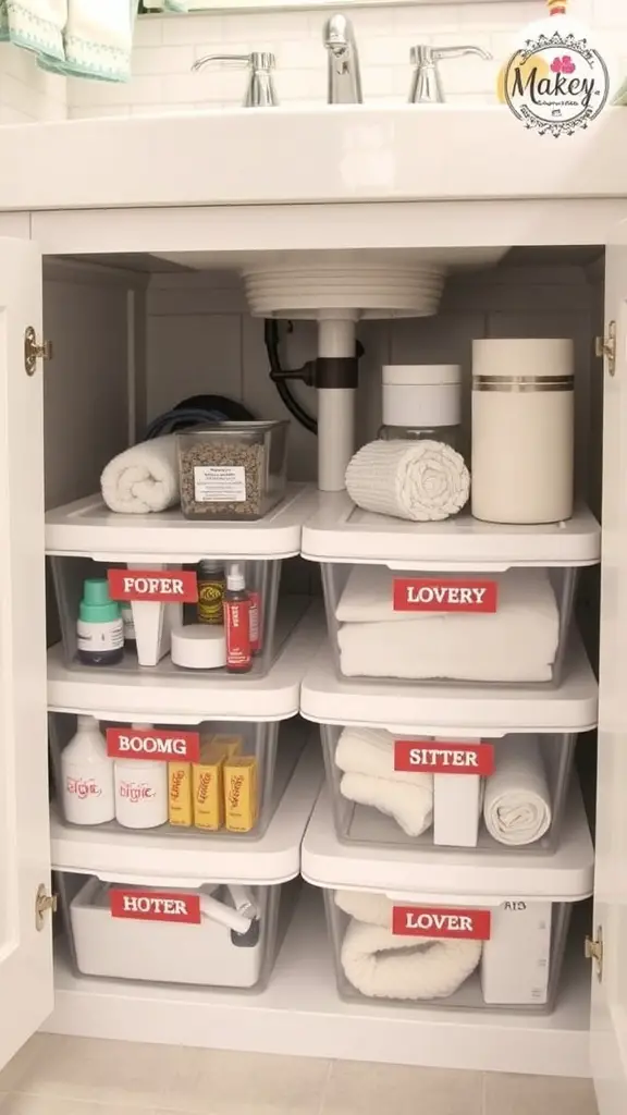23+ Creative Under Sink Bathroom Organization Ideas with 15 Must-Have Items 8 Organized under sink area with clear storage bins and labeled items