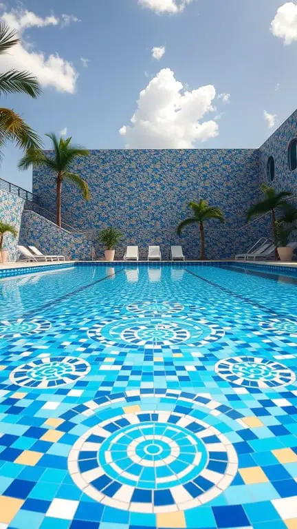 19+ Amazing Homemade Swimming Pools You'll Want to Dive Into 16 A custom mosaic tile pool with blue tiles and circular patterns, surrounded by palm trees under a sunny sky.