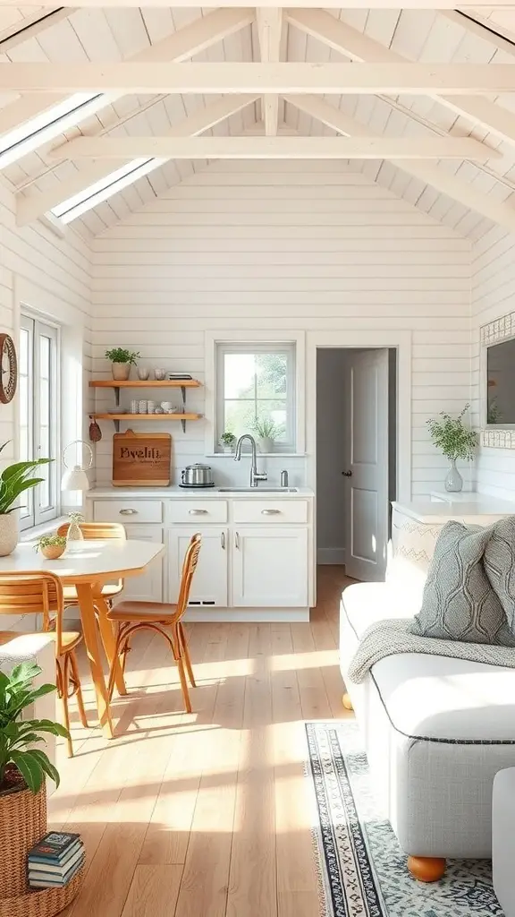 A small cottage kitchen with an open concept layout featuring white cabinets, a dining area, and natural light.