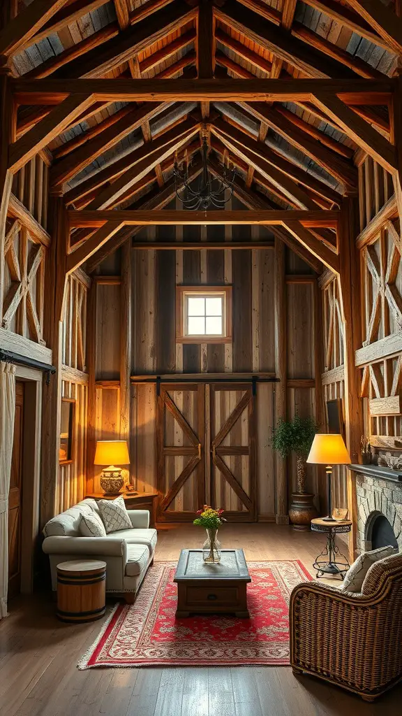 19+ Charming Barndominium Ideas for Cozy Living 7 Cozy rustic interior of a barndominium with wooden beams, comfortable furniture, and warm lighting.