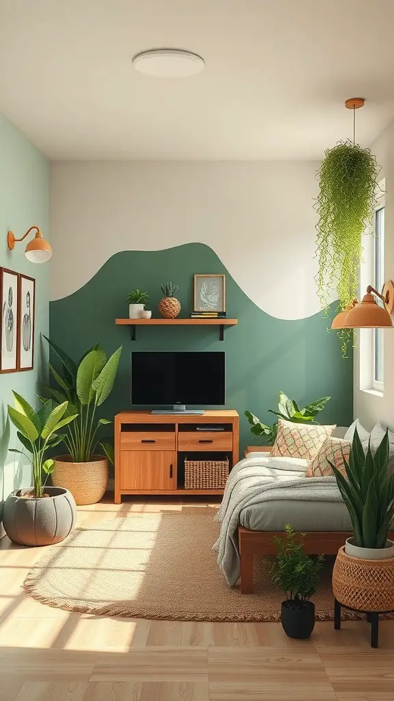 25+ Creative Bloxburg Teen Room Ideas You’ll Love 10 A nature-inspired teen room with green walls, plants, a cozy bed, and wooden furniture.