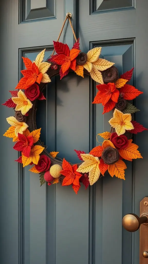 23+ Cozy Fall Crochet Ideas You’ll Love 4 A colorful crochet fall wreath with leaves and roses in red, orange, and yellow hanging on a blue door.
