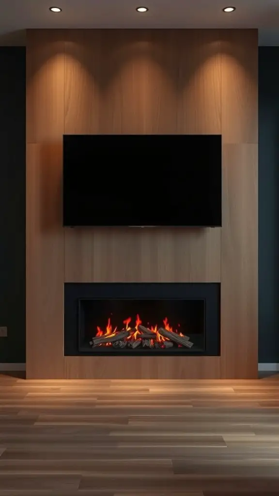 19+ Creative Fireplace Wall Ideas to Transform Your Space 12 A modern fireplace wall featuring a flat-screen TV above a sleek fireplace with wooden paneling and recessed lighting.