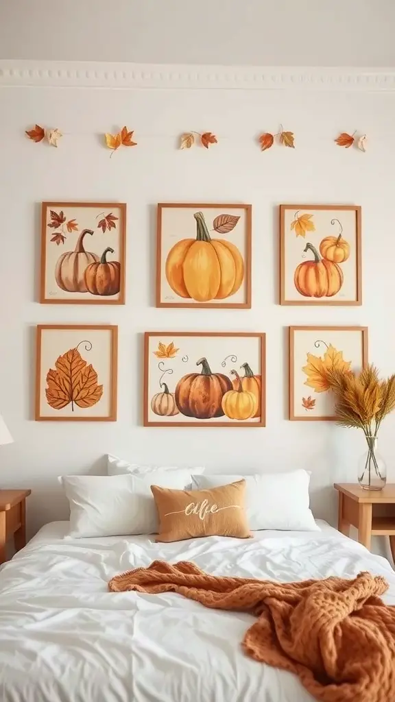 33+ Cozy Fall Bedroom Decor Ideas to Transform Your Space 6 Cozy bedroom with fall-themed wall art featuring pumpkins and autumn leaves.