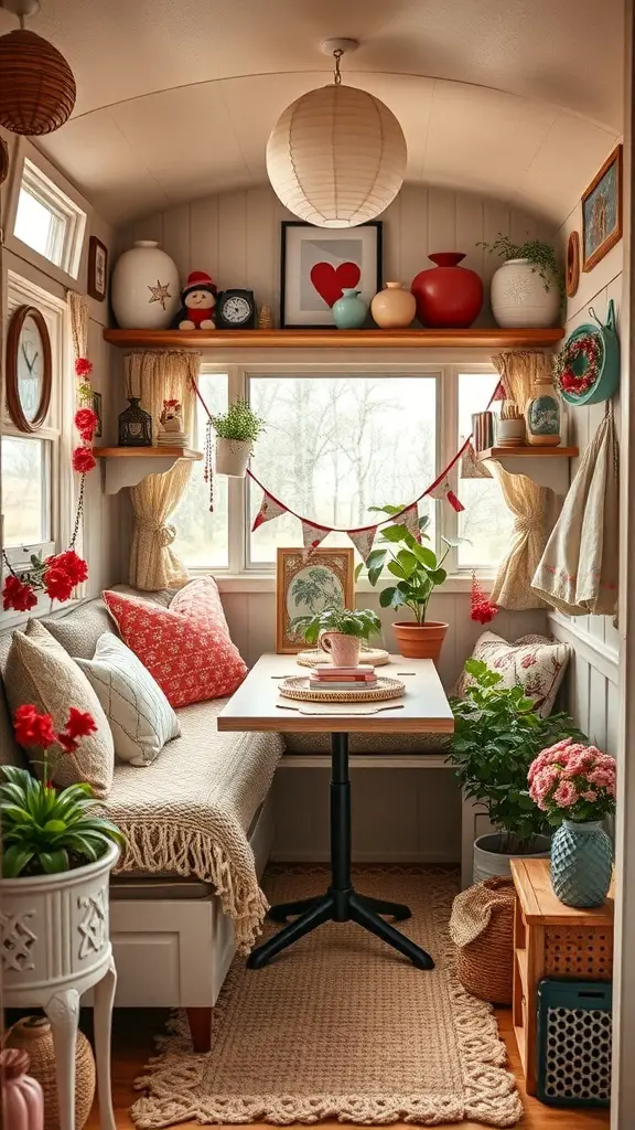 Cozy mobile home living area with framed photos, plants, and comfortable seating.