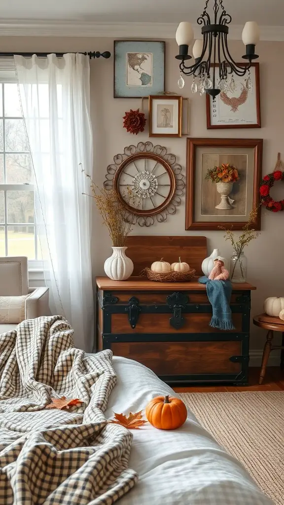 33+ Cozy Fall Bedroom Decor Ideas to Transform Your Space 12 Cozy vintage bedroom decor with a wooden trunk, wall art, pumpkins, and a plaid blanket.