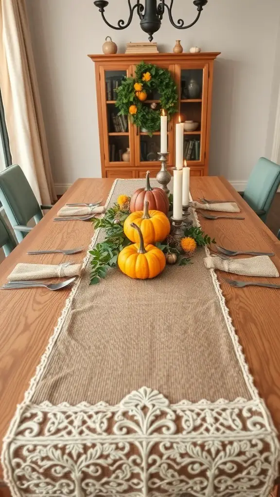 15 Stunning Fall Thanksgiving Decor Ideas You'll Love 14 A dining table set for Thanksgiving with a burlap and lace table runner, pumpkins, candles, and greenery.