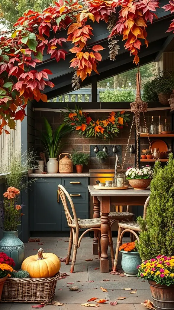 23+ Inspiring Backyard Kitchen Ideas to Elevate Your Outdoor Cooking Experience 14 A cozy outdoor kitchen decorated for autumn with colorful leaves, pumpkins, and flowers.