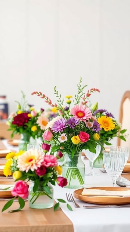 29+ Homegrown Baby Shower Theme Ideas with 15 Must-Have Items 4 Colorful floral centerpieces in glass vases on a table
