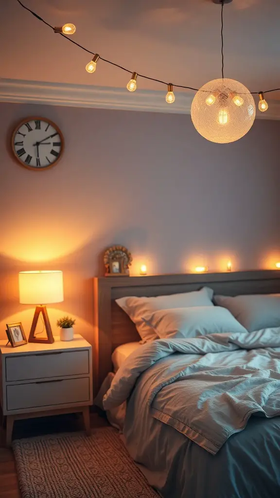 33+ Cozy Fall Bedroom Decor Ideas to Transform Your Space 14 A cozy bedroom with layered lighting including a pendant light, string lights, and a bedside lamp.