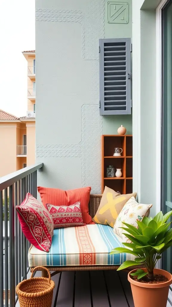 23+ Stylish Apartment Balcony Ideas for Your Outdoor Oasis 8 A cozy balcony reading nook with colorful cushions, plants, and a small table.