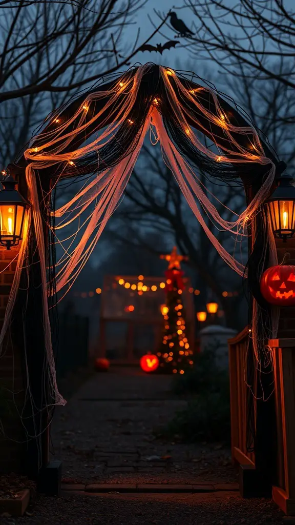 A spooky Halloween archway with black fabric, string lights, and lanterns.