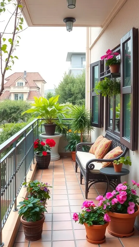 A cozy balcony seating area with plants and flowers