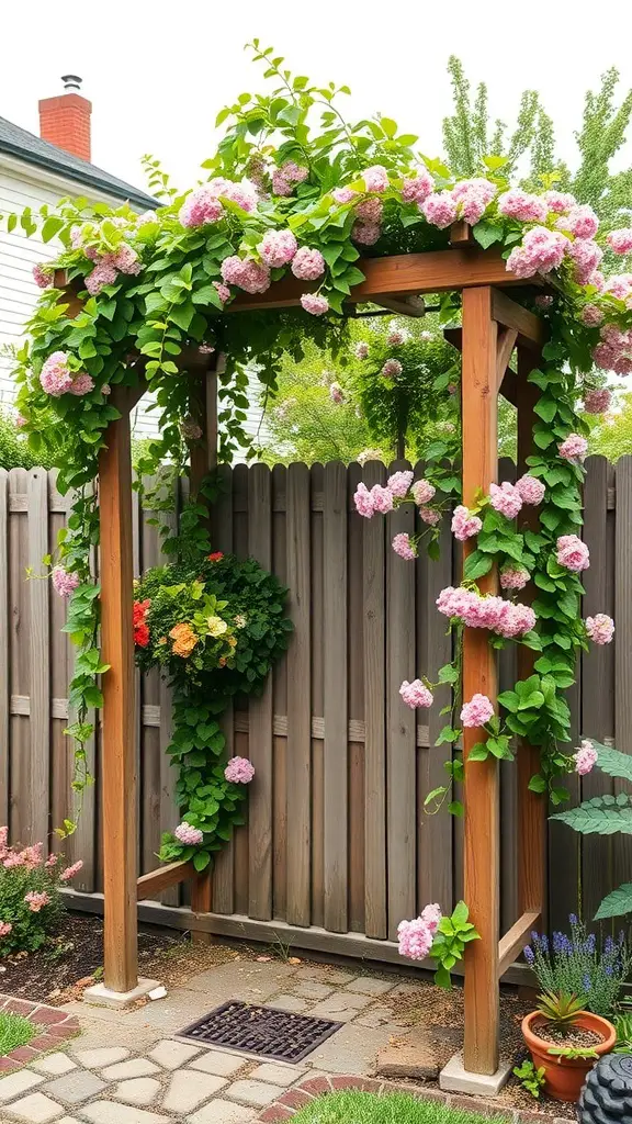 23+ Enchanting Cottage Core Backyard Ideas to Transform Your Outdoor Space 12 A wooden garden trellis covered with pink flowers and hanging planters, set against a wooden fence.