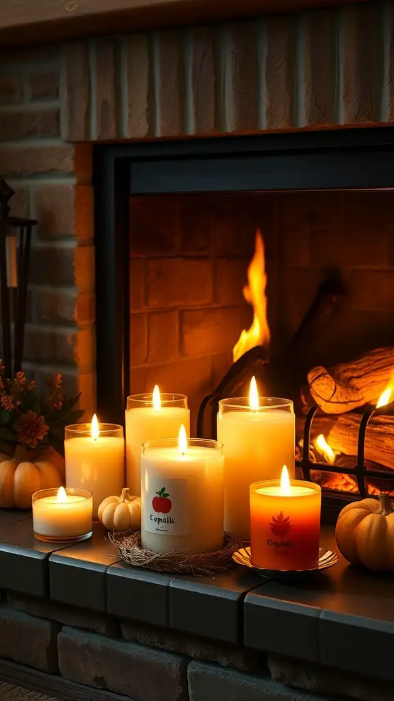 A cozy fireplace with various candles in autumn scents, surrounded by small pumpkins.