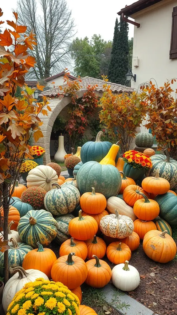 25+ Stunning Italian Garden Ideas for Your Outdoor Space 16 A vibrant display of pumpkins in various colors and sizes, surrounded by autumn leaves and flowers in an Italian garden.