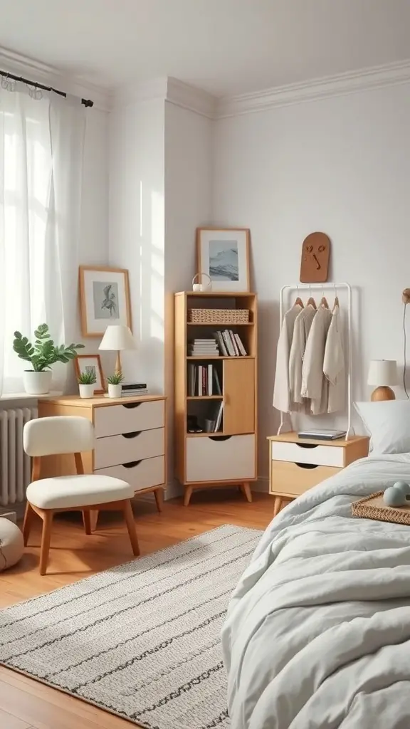 25+ Must-Have Items for a Cozy Scandinavian Bedroom 15 A bright Scandinavian bedroom with minimal decor, featuring a cozy bed, stylish storage, and natural light.