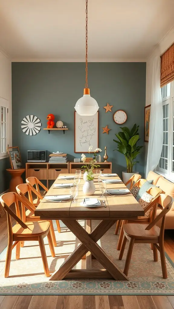 A cozy family-friendly dining room with a large wooden table, comfortable chairs, and playful decor.
