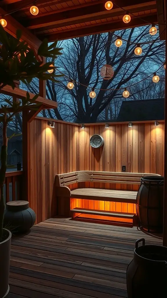 27+ Inspiring Outdoor Sauna Ideas for Your Backyard Retreat 10 Cozy sauna with ambient lighting and wooden walls