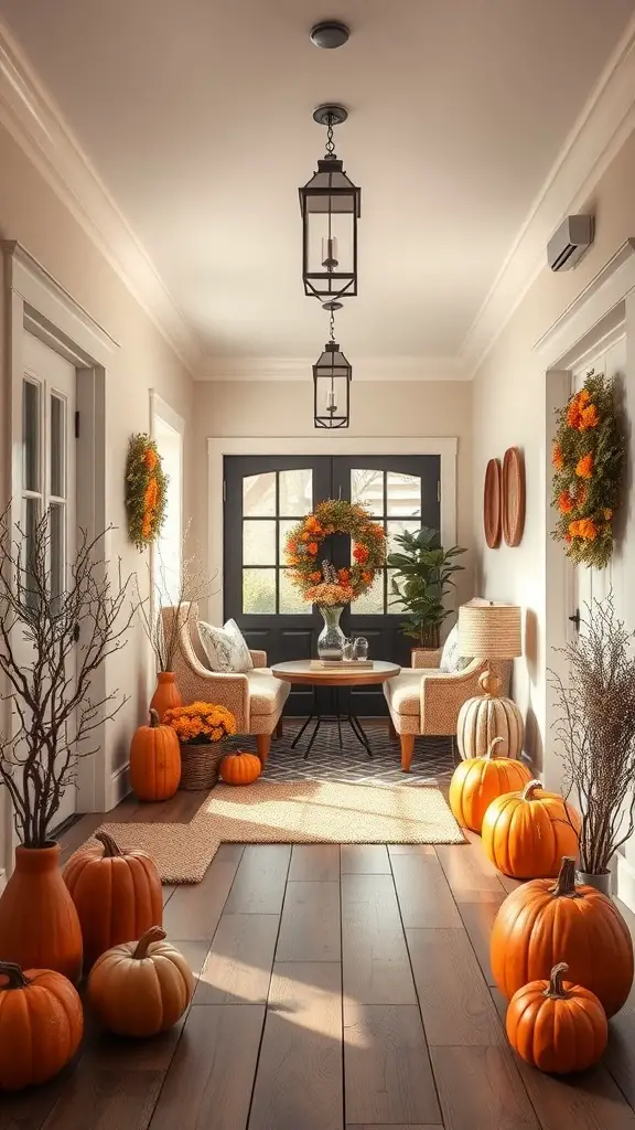 23+ Cozy Fall Living Room Decor Ideas to Transform Your Space 17 A cozy entryway decorated for fall with pumpkins, wreaths, and warm lighting.
