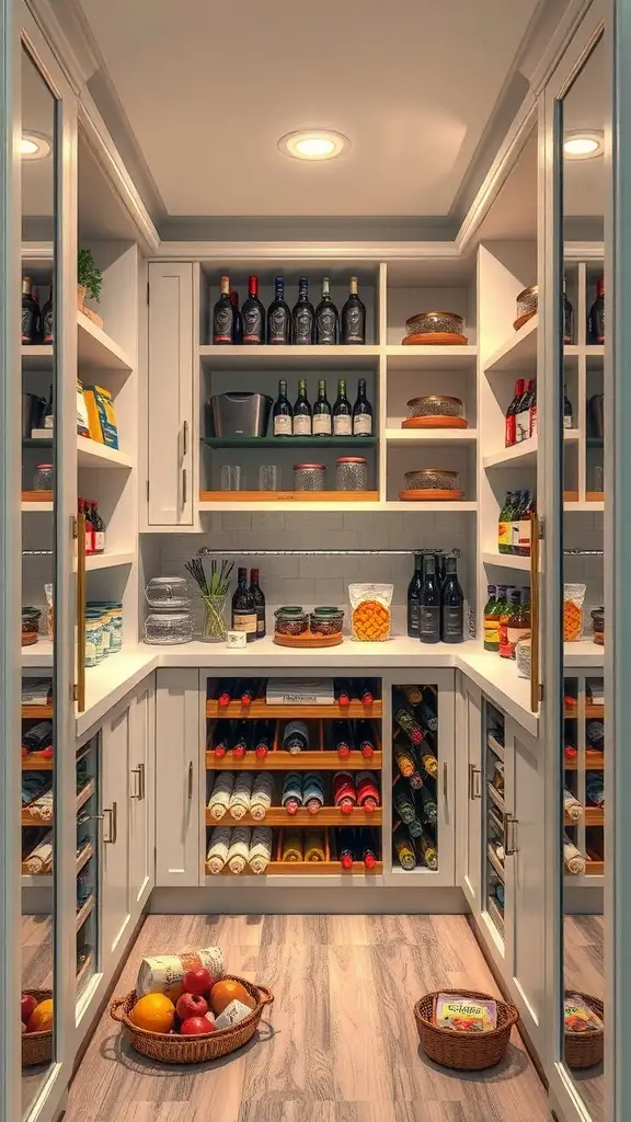 17+ Creative L Shaped Pantry Ideas for Your Kitchen 13 A stylish pantry with a wine rack, showcasing bottles of wine and organized shelves.