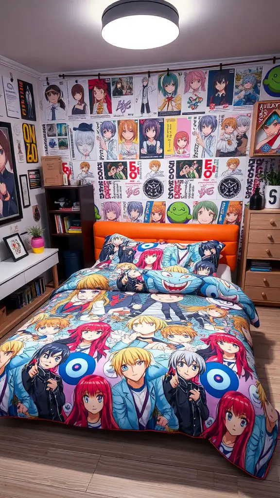 A cozy bedroom with anime-inspired bedding featuring various characters, surrounded by anime posters on the walls.