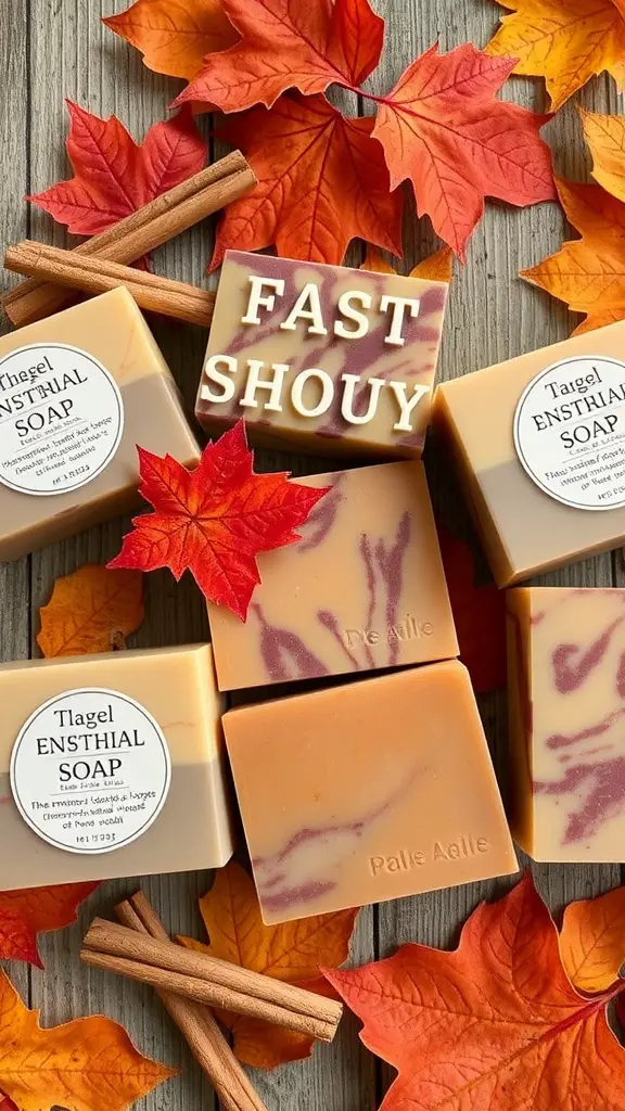 23+ Creative Fall Crafts to Sell This Season 12 Handmade soap bars with autumn scents surrounded by colorful leaves and cinnamon sticks