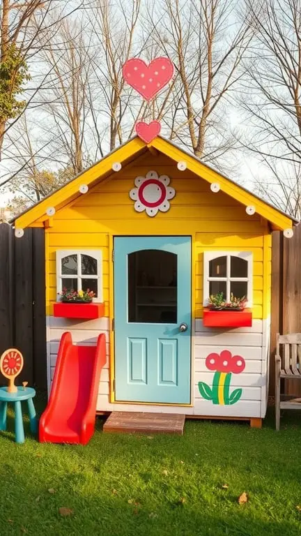 15 Creative DIY Shed Plans for Your Backyard Oasis 2 A colorful children's playhouse shed with a yellow exterior, blue door, red slide, and flower decorations.