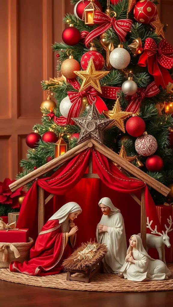 A traditional nativity scene with red and white decor under a Christmas tree