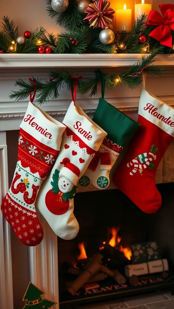 25+ Festive Christmas Craft Ideas to Get You in the Holiday Spirit 10 A cozy fireplace scene with personalized Christmas stockings hanging on the mantel, featuring festive designs and names.