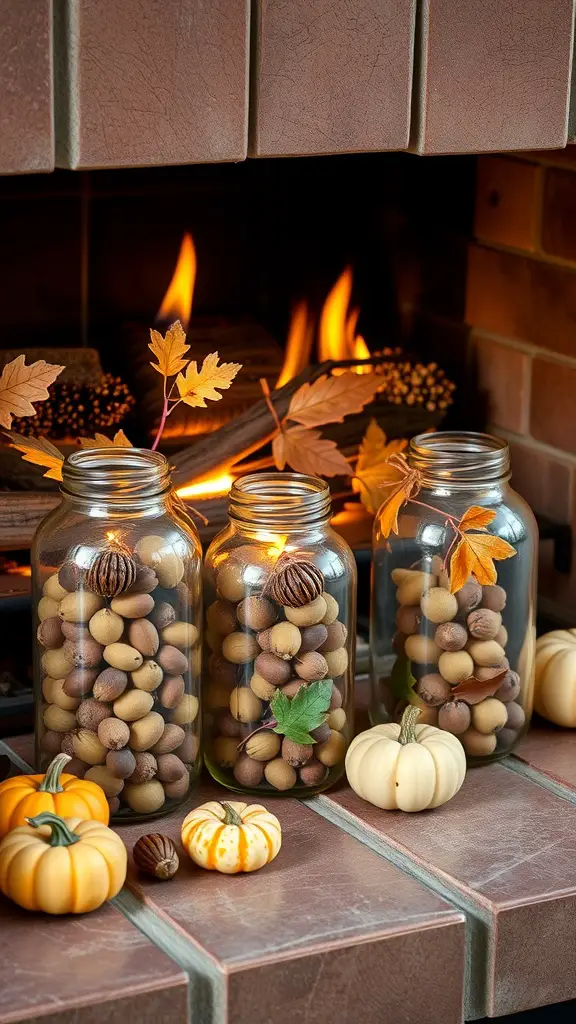 Three glass jars filled with acorns and leaves, placed by a fireplace with small pumpkins nearby.