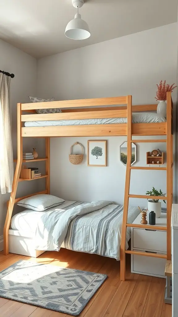 25+ Creative Loft Bed Ideas for Small Rooms 15 A customizable loft bed design in a small room, featuring a wooden frame, sleeping area on top, and shelves below.