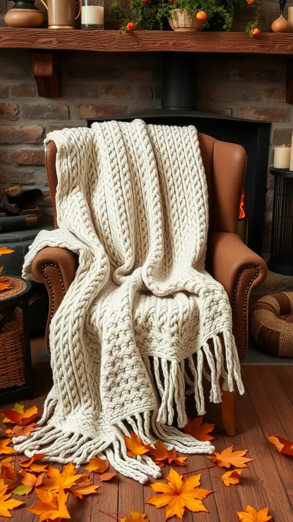A cozy knit blanket draped over a chair with autumn leaves scattered on the floor.