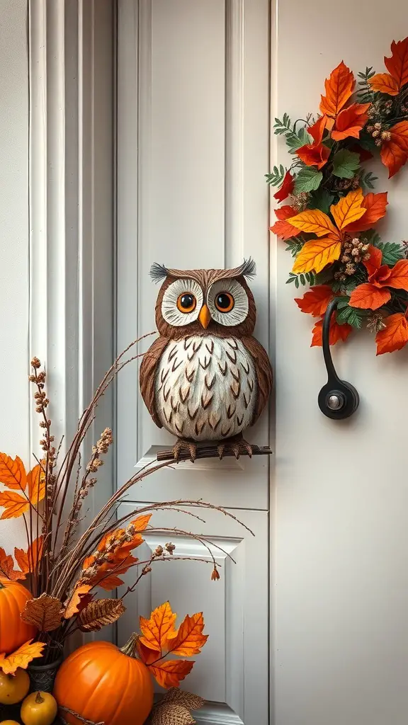 23+ Charming Fall Door Decorations to Welcome the Season 13 A whimsical owl decoration on a door with fall-themed decor including pumpkins and autumn leaves.