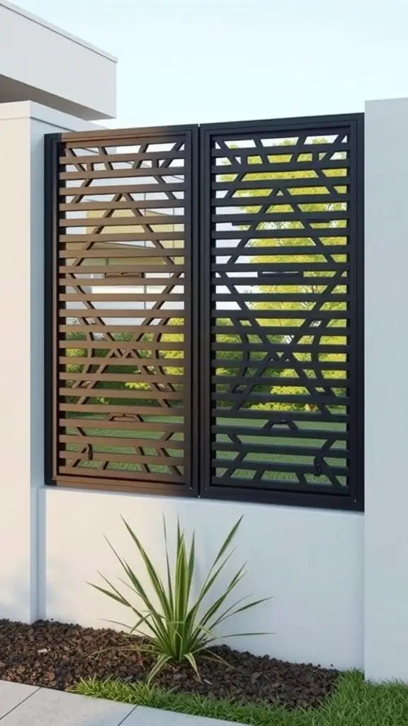 19+ Creative Privacy Wall Ideas for Your Deck 2 A modern privacy wall design featuring geometric patterns and clean lines.