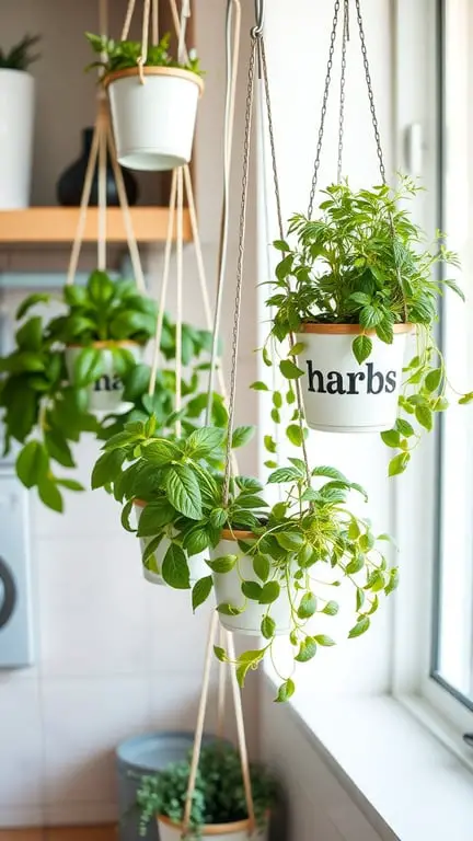 21 Creative Container Garden Ideas for Small Spaces 10 Hanging herb planters with various green plants in white pots