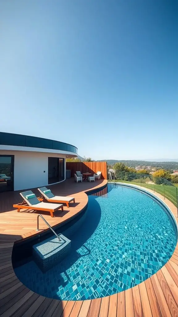 23+ Stunning Semi Inground Pool Ideas for Your Backyard Oasis 8 A modern semi-inground pool with wooden decking and a clear blue sky.