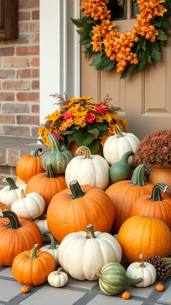 23+ Charming Fall Door Decorations to Welcome the Season 17 A cozy front porch decorated with various pumpkins and gourds, featuring a warm-colored wreath on the door.