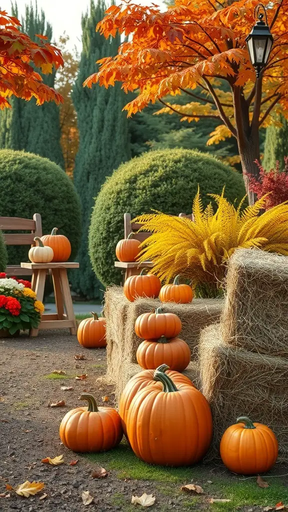 21+ Cozy Fall Decor Ideas from Hobby Lobby 14 Outdoor fall decor featuring pumpkins, hay bales, and colorful foliage.