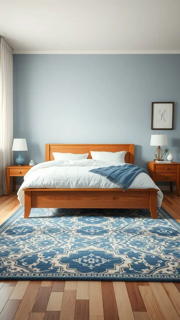 19+ Inspiring Blue and Cream Bedroom Ideas for a Cozy Retreat 10 A blue and cream area rug in a bedroom with a wooden bed and light blue walls.