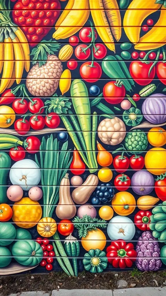 23+ Stunning Garden Mural Ideas to Transform Your Outdoor Space 7 A colorful mural featuring various fruits and vegetables, including bananas, tomatoes, and peppers.