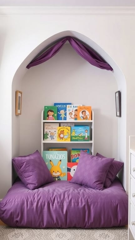 29+ Adorable Purple Nursery Ideas for Your Little One 13 A cozy purple reading nook with cushions and a bookshelf filled with children's books.