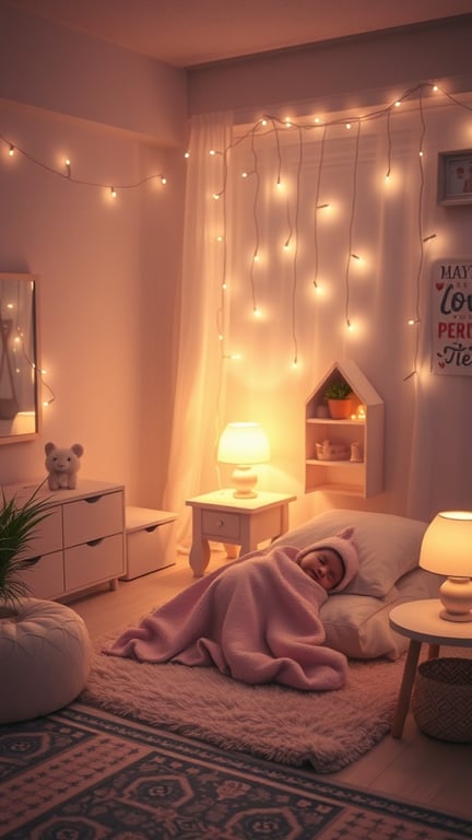 25+ Adorable Newborn Room Ideas to Inspire Your Nursery Design 13 A cozy newborn room with soft lighting, featuring fairy lights, a sleeping baby wrapped in a pink blanket, and warm lamps.