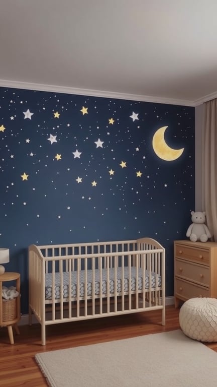 27+ Whimsical Baby Nursery Ideas for a Dreamy Space 6 A nursery with a celestial night sky theme featuring a navy wall with stars and a moon, a crib, and soft lighting.