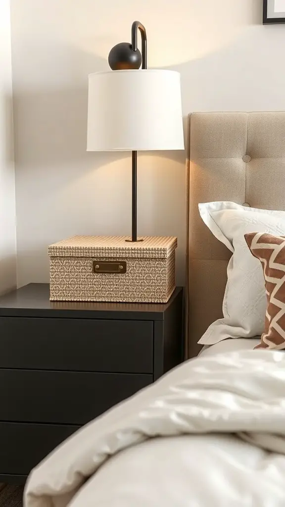 21 Essential Nightstand Organization Ideas for a Clutter-Free Bedroom 7 A decorative storage box on a nightstand next to a lamp and bed.
