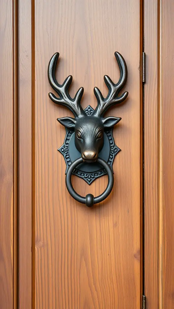 A black reindeer door knocker on a wooden door