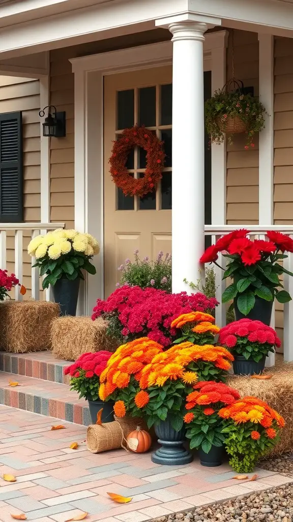 25+ Stunning Fall Front Door Decor Ideas to Transform Your Home 7 A front porch decorated with hay bales and colorful mums, featuring an orange door and a welcoming atmosphere.