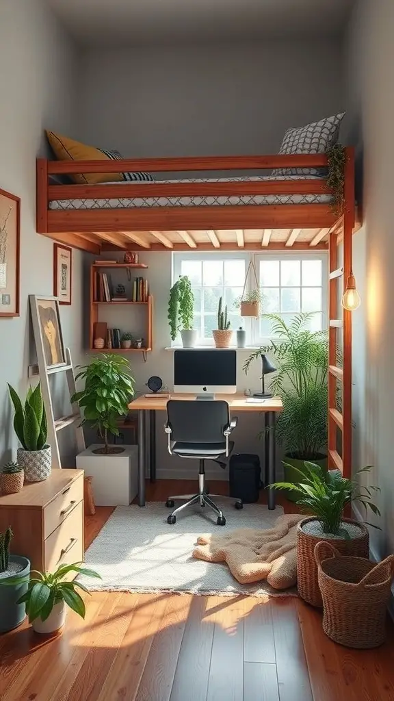 25+ Creative Loft Bed Ideas for Small Rooms 7 A small room featuring a loft bed with a workspace underneath, decorated with plants and natural light.