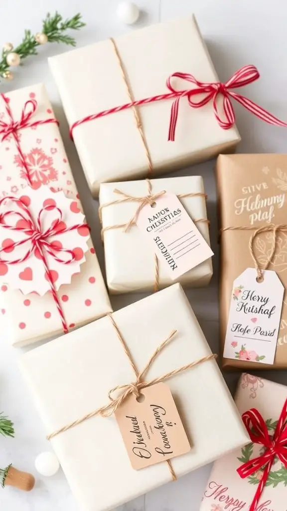 23+ Creative Christmas Crafts for Adults to Try This Holiday Season 8 Beautifully wrapped Christmas gifts with ribbons and tags on a wooden table.
