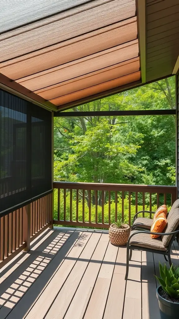 21+ Must-Have Features for Your Covered Deck Oasis 6 A covered deck with retractable screens, showcasing a cozy seating area and greenery outside.
